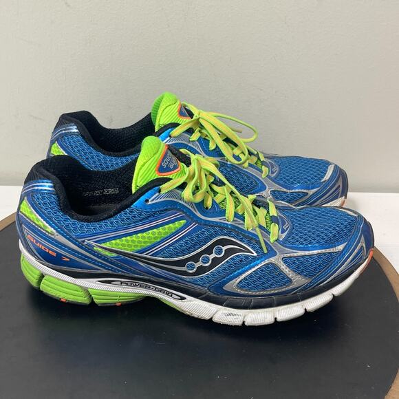 Saucony Guide 7 Running Shoes Men 9.5 Blue Neon Green Cushioned Power Grid - Picture 1 of 11